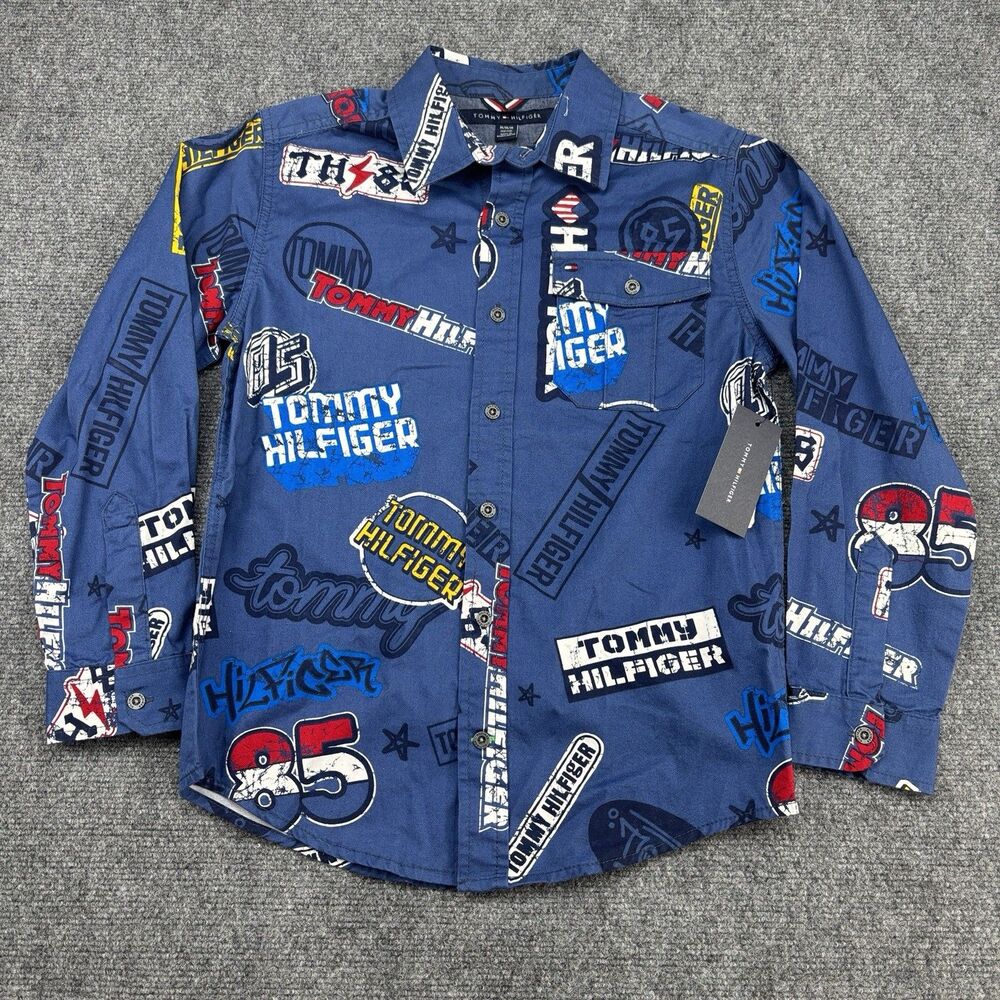 Tommy Hilfiger Boys M 12/14 Blue All Over Logo Print Long Sleeve Shirt
